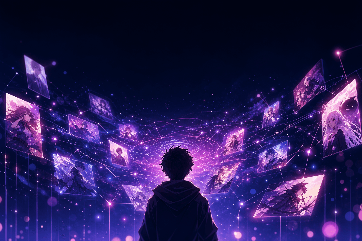A person gazing at a glowing constellation of anime cards, representing Otaku Den's personalized For You recommendation engine