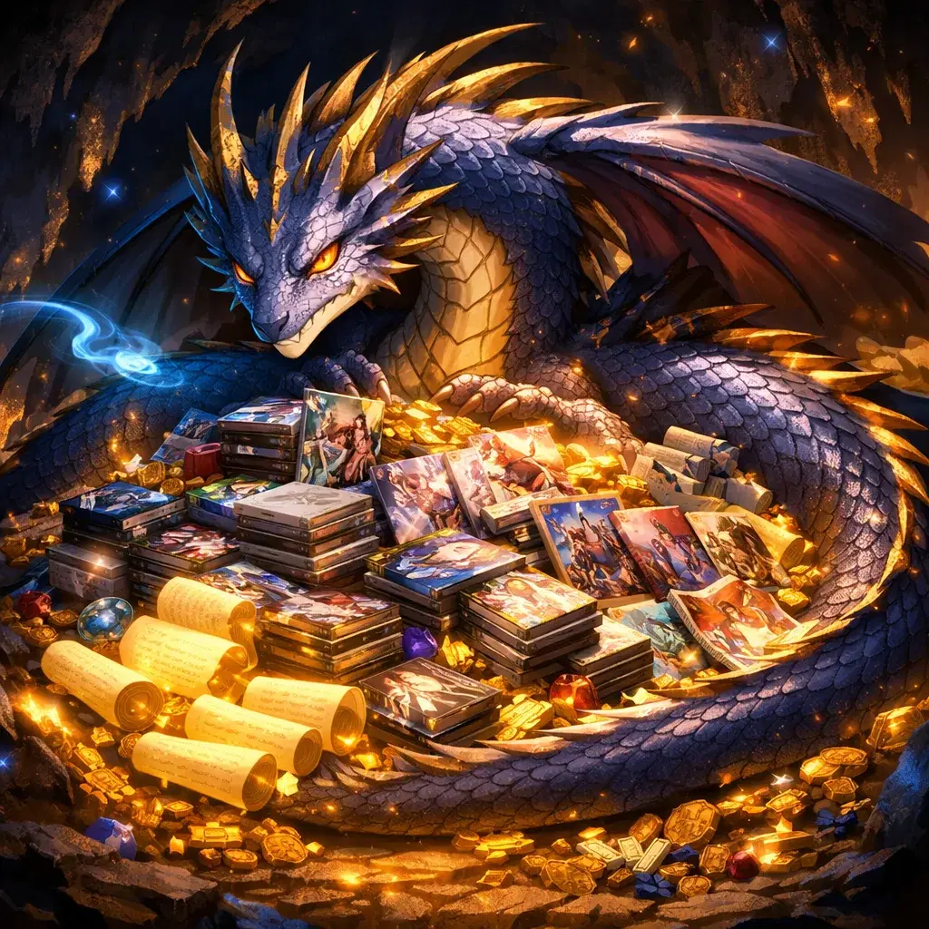 The Backlog Dragon — Otaku Den persona archetype card art. One day. All of it. One day.