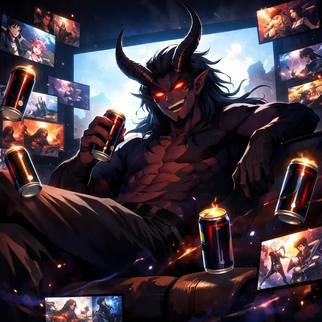 The Binge Demon — Otaku Den persona archetype card art. Sleep is a suggestion.