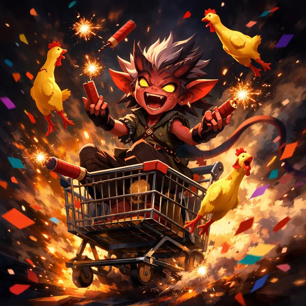 The Chaos Gremlin — Otaku Den persona archetype card art. Emotional damage? Only if it's funny.