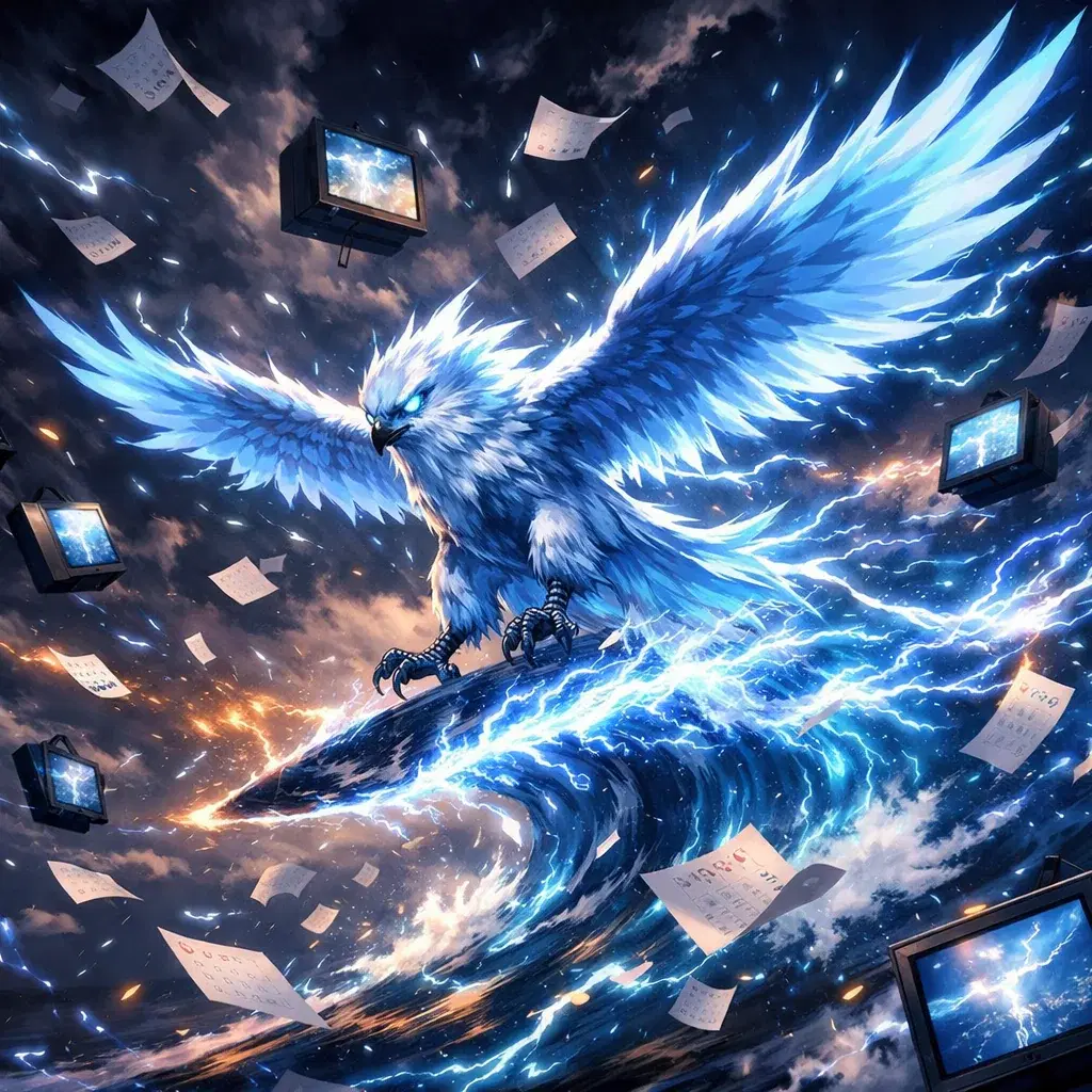 The Seasonal Stormchaser — Otaku Den persona archetype card art. Simulcast or it didn't happen.