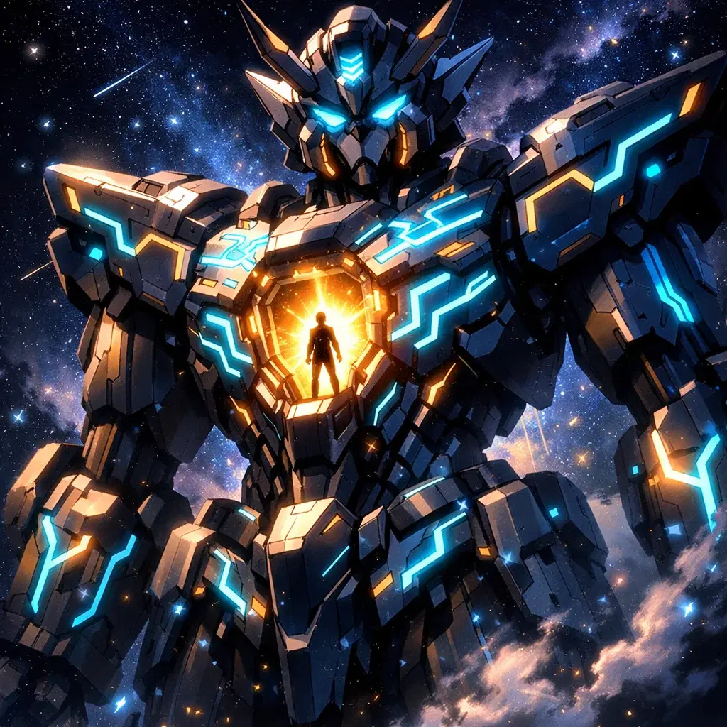 The Steel Believer — Otaku Den persona archetype card art. Giant robots solve most problems.